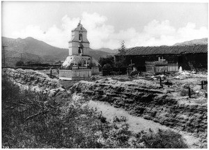 General view of Mission Asistencia of San Antonio at Pala, California, from the cemetery, ca.1900