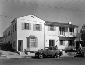 Exterior view of a Regency Moderne-style apartment house in Los Angeles, 1930-1939