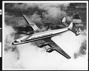 Drawing of Super Star Constellation airplane in flight, ca.1960