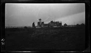 Exterior view of damaged farm buildings during World War I, ca.1916