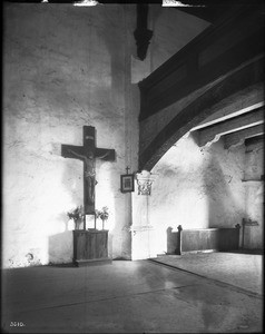 Crucifix and choir loft in the church of Mission San Gabriel, ca.1908