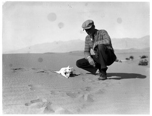 Well-dressed man crouching in the desert