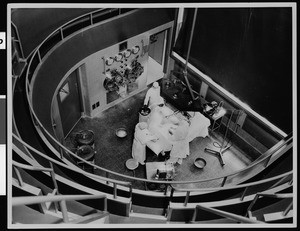 Overhead view of surgery in the operating room in Los Angeles County General Hospital, ca.1925