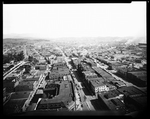 Birdseye view of Los Angeles looking north-east and showing Main Street, ca. 1930