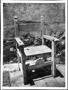 Old chair at Mission San Buenaventura, California, ca.1906