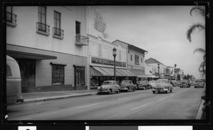 Westwood Boulevard, looking south, showing the F.W. Woolworth Company and the J.J. Newberry Company, ca.1950