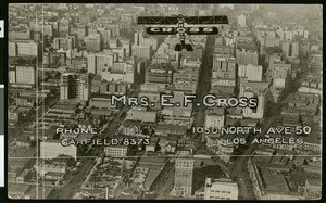 Aerial view of Los Angeles, showing Cross Photo promotional graphics, ca.1924