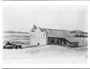 Painting depicting the Mission San Carlos Borromeo de Carmelo's exterior, 1888