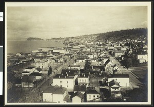 A panoramic view of a harbor area in Astoria, Oregon