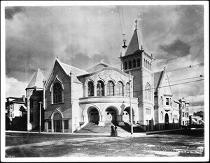 Exterior view of the First Methodist Episcopal Church, Hill St. & 6th St., Los Angeles, ca.1890-1940