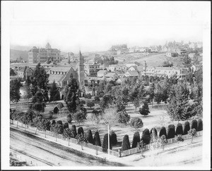 View of Pershing Square Park, looking northwest from 6th Street and Hill Street, Los Angeles, ca.1885