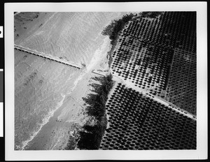 Aerial view of flooded area on Highway 14 at the Santa Ana River, 1938