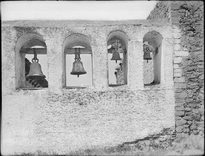 View of Mission San Juan Capistrano Bell Tower from front, 1900