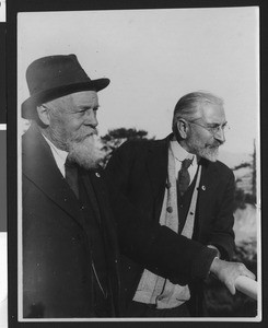 Portrait of two astronomers on location at an unidentified observatory, ca.1920-1930