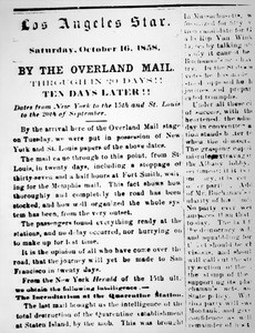 Section of the Los Angeles Star newspaper showing advertising overland mail, October 16, 1858