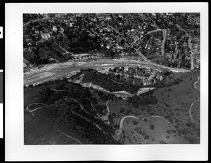 Aerial view of flooded Arroyo Seco near South Avenue 52, Los Angeles, 1938