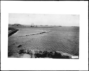 View of the outer harbor at San Pedro, showing several sailing ships and Deadman's Island, ca.1905