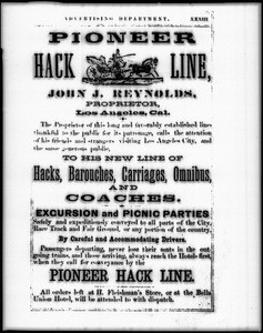 Handbill advertising the Pioneer Hack Line owned by John. J. Reynolds