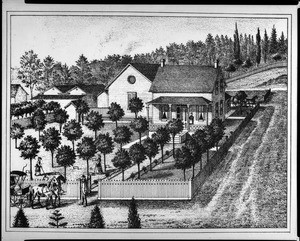 Pen and ink drawing depicting the residence of French Canadian pioneer, Dr. Remi Nadeau (later the site of the Biltmore Hotel), 1880-1888