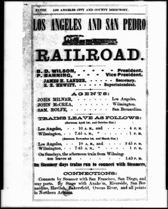 Newspaper advertisement for Banning's Los Angeles to San Pedro Railroad, ca.1869