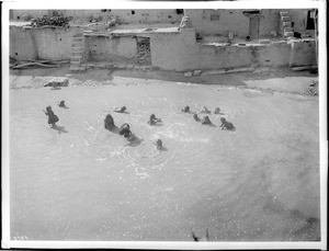 Group of Hopi Indian children playing in a huge puddle of rainwater, Oraibi, Arizona, ca.1900