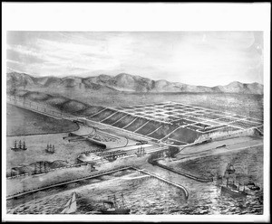 Lithograph issued by Moye Wicks depicting a conception of the completed Port Ballona harbor, ca.1887