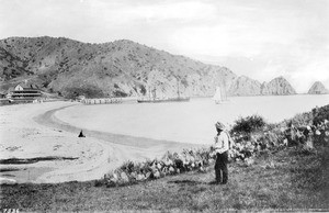 View of Avalon Bay looking from the south, showing a Ferndale steamboat and the Metropole Hotel, ca.1888