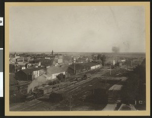 View of a train yard in Modesto, Stanislaus County, 1900-1940