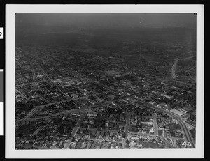 Aerial view of buildings and hills in Los Angeles