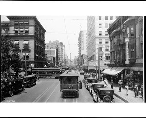 Streetcars on Hill Street looking north from Fifth Street in Los Angeles, ca.1924