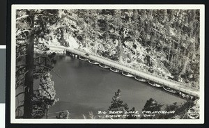 Birdseye view of the dam at Big Bear Lake, ca.1930