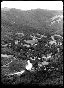 Aerial view of Topanga Canyon, including the Outside Inn, ca.1915