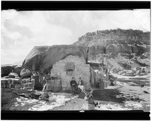 Exterior view of the Kabab Forest Hotel on the north rim of the Grand Canyon, three miles from the bridge where Utah, Nevada and Arizona join, ca.1930