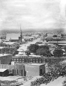 View of Spring Street looking South from Franklin Street, showing the Courthouse Hill, Los Angeles, ca.1878