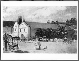 Painting by Will N. Drake of the old Plaza Church, ca.1905