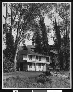 Exterior view of the Sanchez Rancho adobe in San Pedro Valley, about fifteen miles south of Golden Gate, 1937