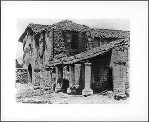 Ruins of the front of the church and bell tower of Mission San Fernando, California, ca.1875