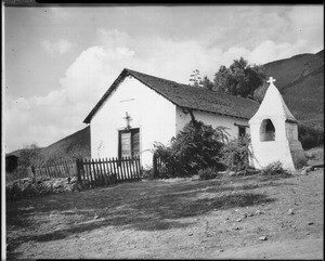 Exterior view of the Pauma Indian Mission Church and its bell tower, or campanario, ca.1900