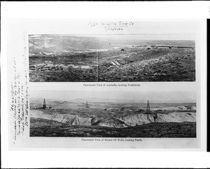 Compound image showing a panoramic view of both Asphalto and of a Sunset Oil field, ca.1915