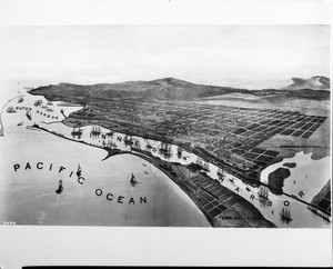 Lithograph depicting Bear Harbor and the "proposed" outer harbor in San Pedro, Los Angeles, ca.1905