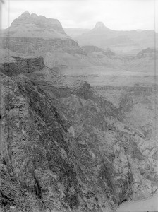 The Colorado River (lower right) in the Grand Canyon from Bright Angel Plateau looking northeast, 1900-1930