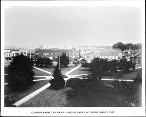 Birds-eye view of Oxnard from the park at night, 1907