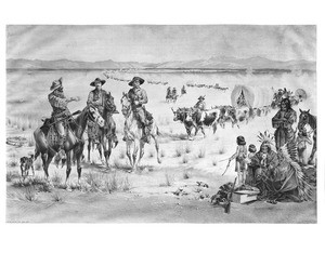 Drawing depicting cowboys "Trading with the Indians; guns, ammunition and whiskey", ca.1900