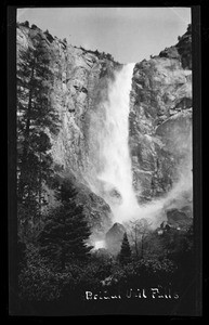 Bridal Veil Falls, showing trees and moss beside mountainside, Yosemite National Park