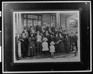 Balloon Route Tour visitors posing on the steps of Soldiers' Home, ca.1906