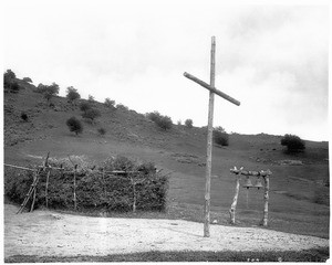Exterior view of the bells and cross at the Mission Santa Ysabel Asistencia, San Diego, 1902