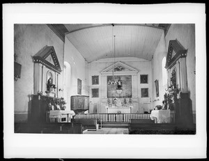 Interior view of the Mission San Luis Obispo, showing altars, ca.1885