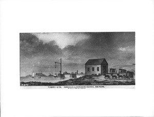 Etching of an exterior view of Timms & Co., San Pedro, 1870