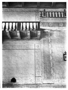 Balcony and wall decorations in the church of Mission San Miguel Arcangel, near Templeton, California, ca.1905