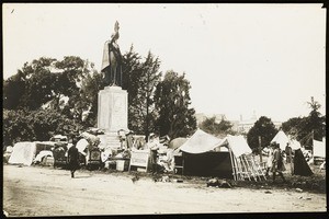 San Francisco earthquake damage, showing refugees at the foot of the McKinley Monument, 1906